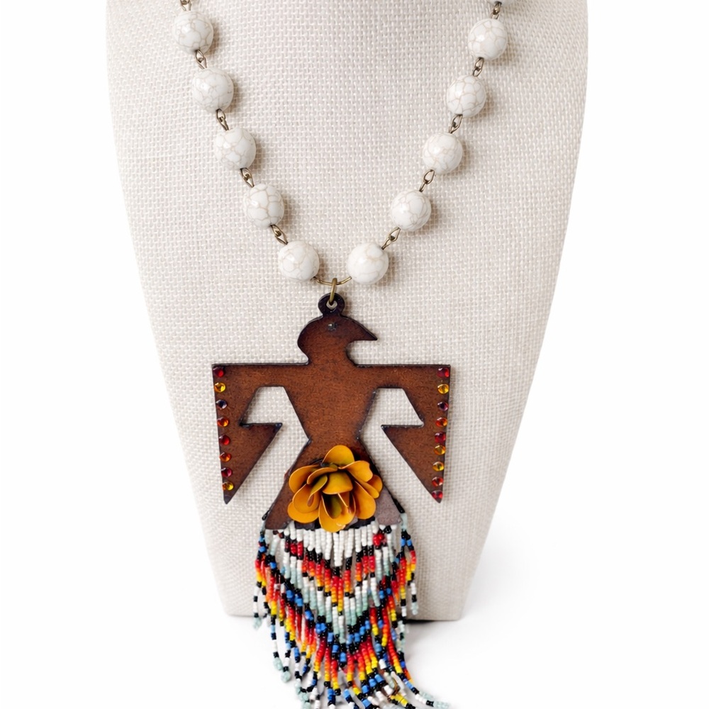 Rustic White and Brown Necklace with Thunderbird Pendant Gypsy South